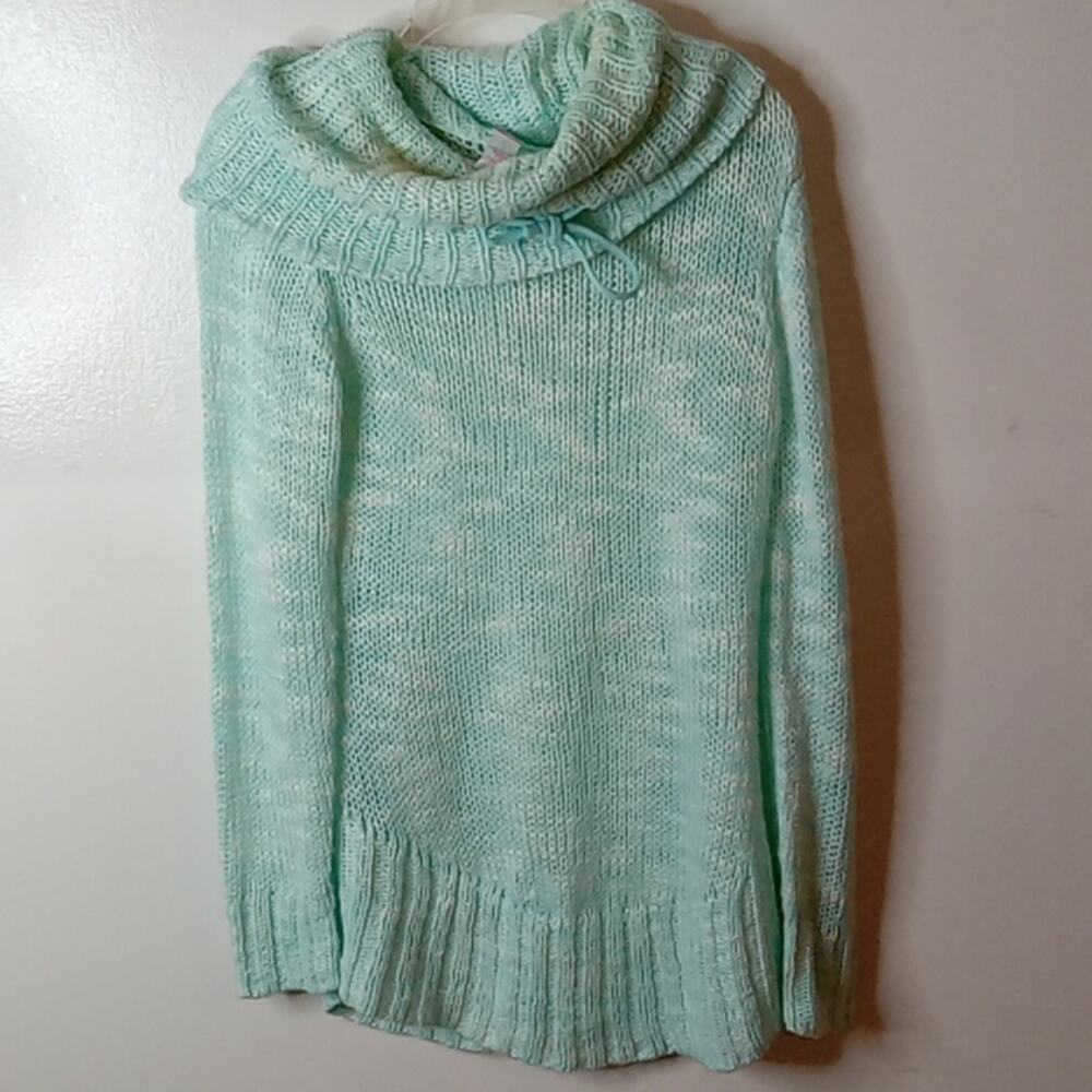 No Boundaries Large green knitted cowl neck with bow sweater